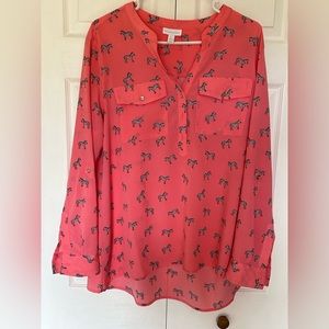 Charter Club V-Neck Pink Blouse Zebra Print Long Sleeve Size XL